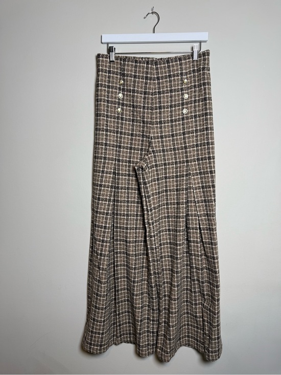 Micas Pants - MICAS | Plaid Wide Leg Palazzo Pants Tweed High Rise | Brown | Large